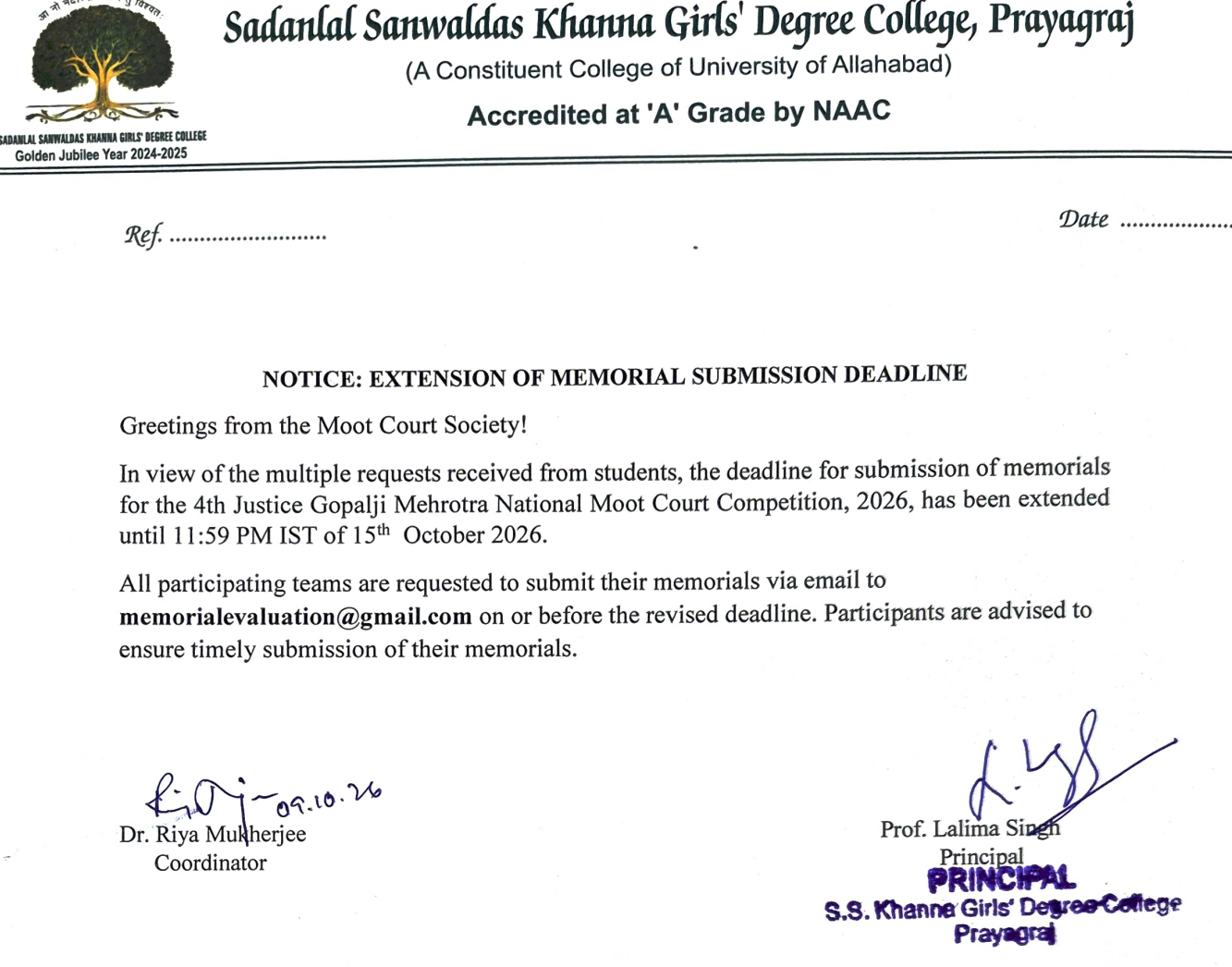 NOTICE: EXTENSION OF MEMORIAL SUBMISSION DEADLINE